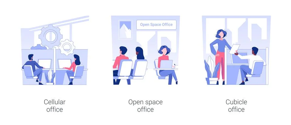 Types of offices isolated concept vector illustrations. Stock Illustration