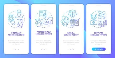 Types of payroll systems blue gradient onboarding mobile app screen Stock Illustration
