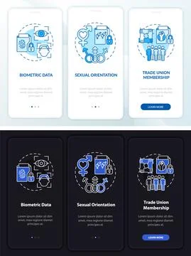 Types of personal data night and day mode onboarding mobile app screen Stock Illustration