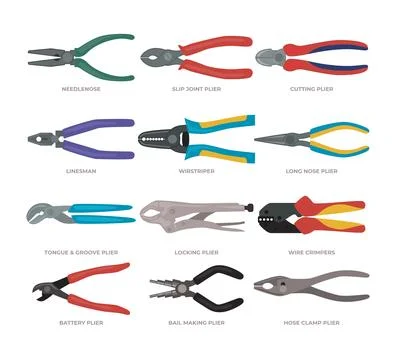 Types of Pliers Set Collection, Needle Nose, Split Joint, Cutting, Linesman.. Illustrazione stock