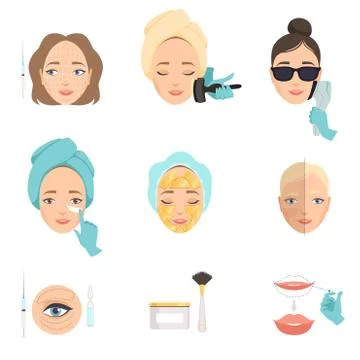 Types of procedures for face rejuvenation. Therapy processes for facelift and Stock Illustration