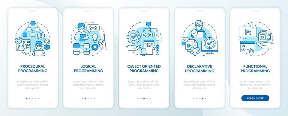 Types of programming paradigms blue onboarding mobile app screen Illustrazione stock