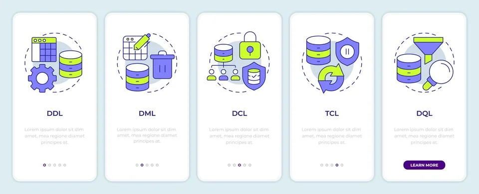 Types of query languages onboarding mobile app screen Stockillustratie