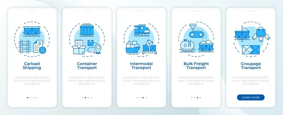 Types of rail freight services monochrome blue onboarding mobile app screen Stock Illustration