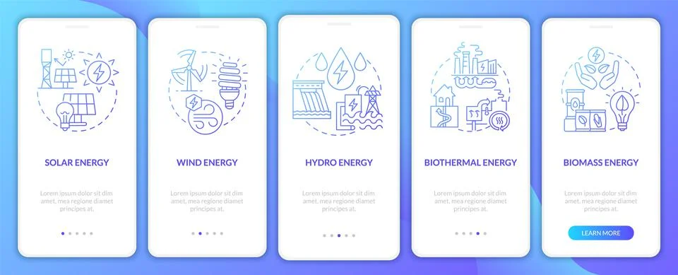 Types of renewable sources onboarding mobile app page screen 스톡 일러스트