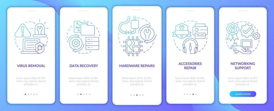 Types of repairs blue gradient onboarding mobile app screen Stock Illustration