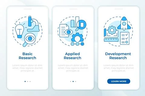 Types of research and development blue onboarding mobile app screen Illustrazione stock