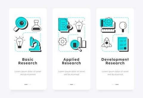 Types of research and development mobile app onboarding screens Stock Illustration