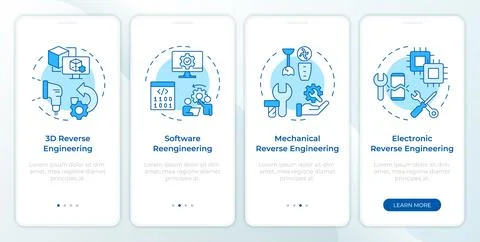 Types of reverse engineering blue onboarding mobile app screen Illustrazione stock