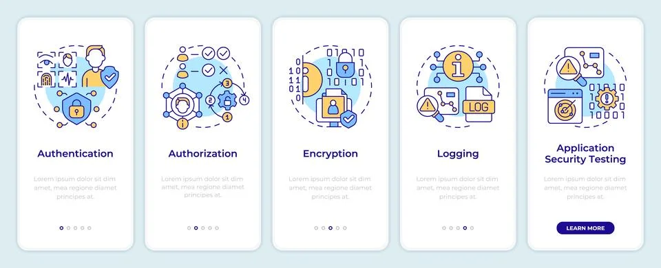 Types of security controls onboarding mobile app screen Stock Illustration