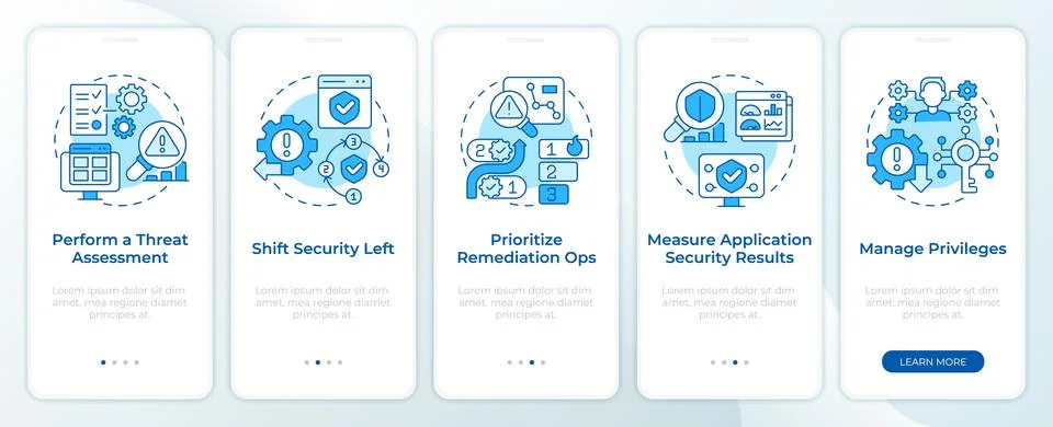 Types of security practices blue onboarding mobile app screen Stockillustratie