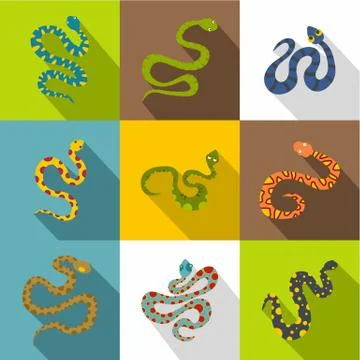 Types of snakes icons set, flat style Illustrazione stock