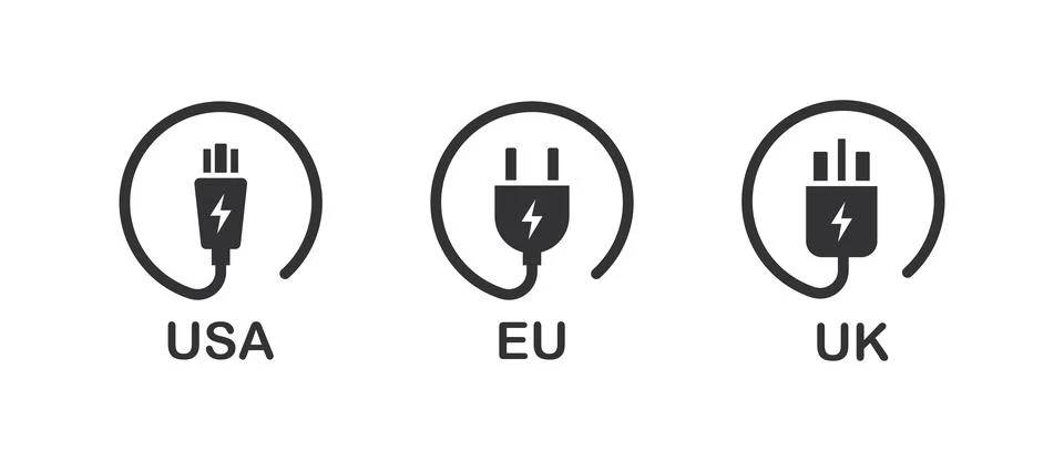 Types of socket plugs icon set. Cable plugs type usa, uk, eu illustration s.. Stock Illustration