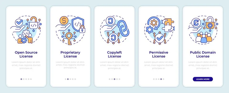 Types of software licenses onboarding mobile app screen 스톡 일러스트