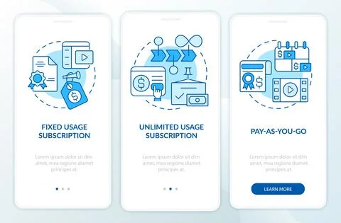 Types of subscription blue onboarding mobile app screen Ilustração Stock