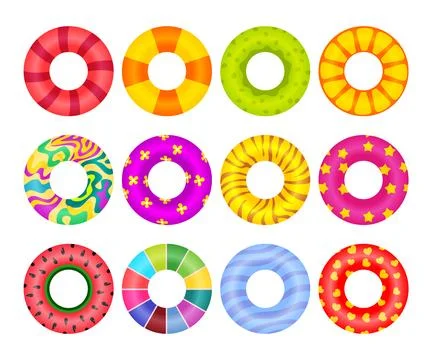 Types of Swimming Float Ring Set Collection, Colorful Rubber Ring Top View .. 스톡 일러스트