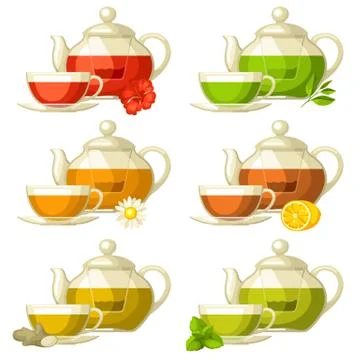 Types of tea. Set of glass cups and kettles with different tastes and Illustrazione stock