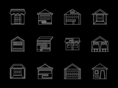 Types of trade tent flat white line vector icons Stock Illustration