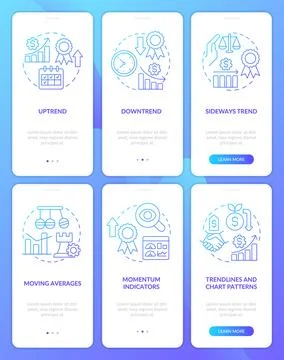 Types of trends blue gradient onboarding mobile app screen set Illustrazione stock