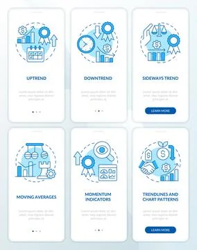 Types of trends blue onboarding mobile app screen set Stock Illustration