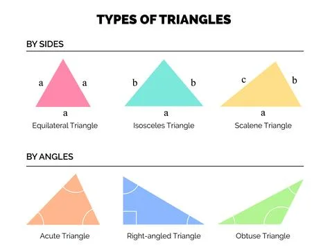 Types of Triangles by Side and by Angles. Equilateral, Isosceles, Scalene, .. Stock Illustration