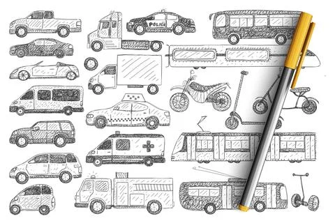 Types of vehicles doodle set. Collection of hand drawn cars buses scooters Stock Illustration