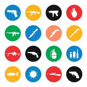 Types of weapons coloured vector icon set Stock Illustration