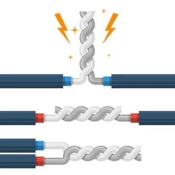 Types of wires twisting, shorting of high-voltage cable shunt fault, short ci Stock Illustration