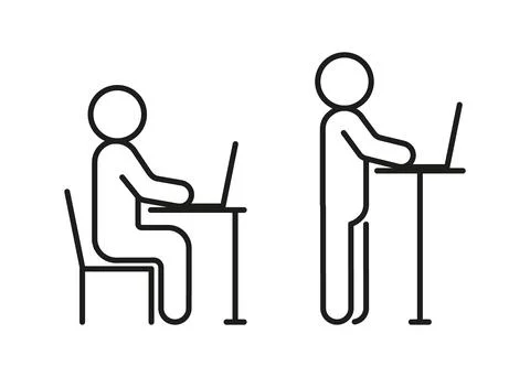 Types of work at computer while sitting and standing, ergonomic workplace. Co Stock Illustration