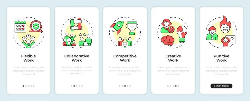 Types of work environment onboarding mobile app screen 스톡 일러스트