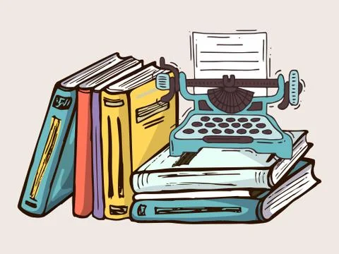 Typewriter and book stack isolated on white cartoon vector illustration. Concept Stock Illustration