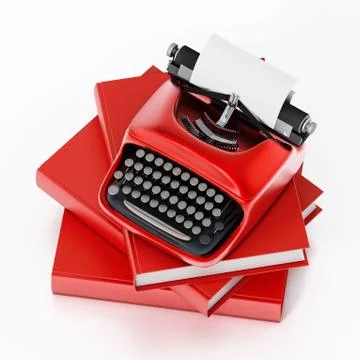 Typewriter and books stack isolated on white background. 3D illustration Illustrazione stock