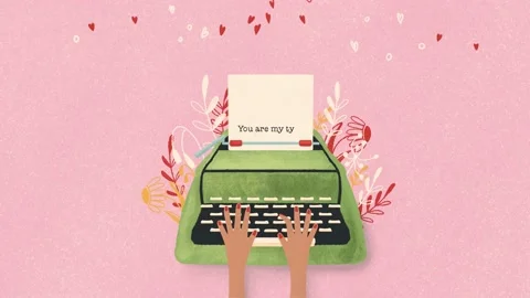 Typewriter and love note with hand lettering. Colorful illustration Stock Footage 146360535