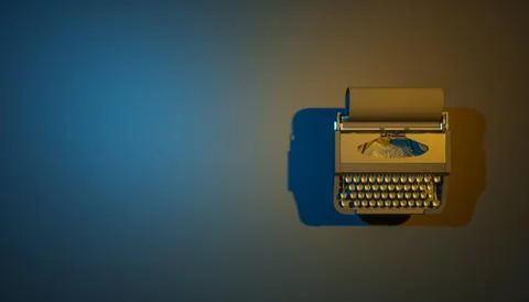 Typewriter on a black background in blue and yellow lighting Stock Illustration