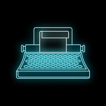 Typewriter glowing neon blue line icon writing Stock Illustration