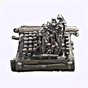 The typewriter grew mushrooms instead of keys. In the digital age, old techno Stock Photos