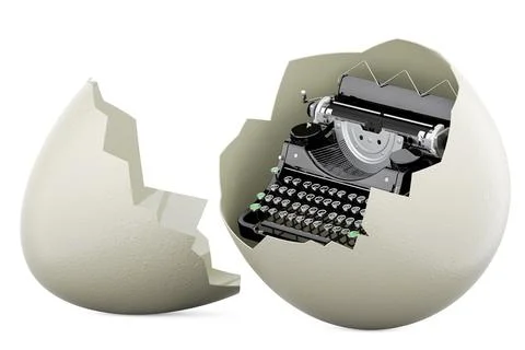 Typewriter inside broken chicken egg. Birth of writer or book, concept. 3D .. Stock Illustration