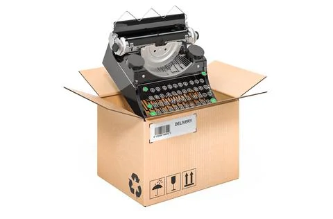 Typewriter inside cardboard box, delivery concept. 3D rendering Illustrazione stock