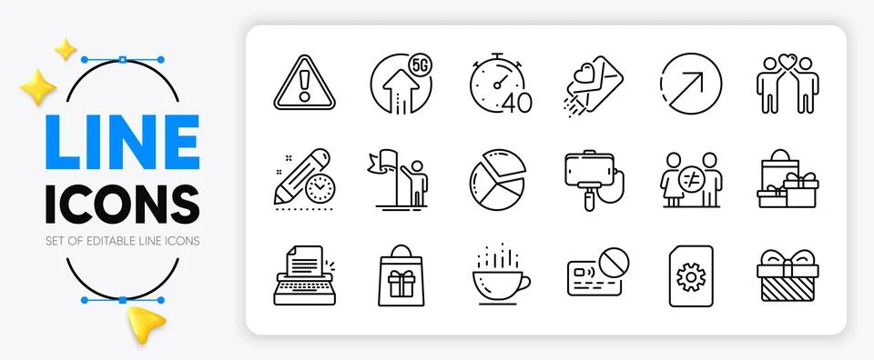 Typewriter, Pie chart and Project deadline line icons. For web app. Vector Stock Illustration