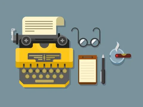 Typewriter with Sheet of Paper, Glasses, Notepad, Cigar and Pen on Surface in Stock Illustration