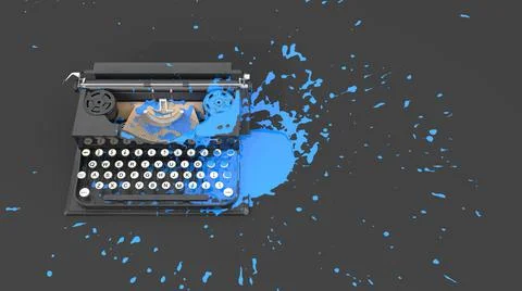 Typewriter stained with blue ink in the form of blots Stock Illustration