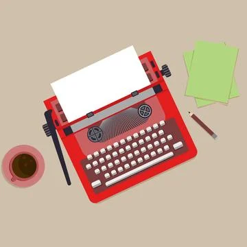 Typewriter top view, workplace with a typewriter, a cup of coffee, a pencil Stock Illustration