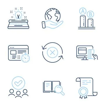 Typewriter, Web timer and Ab testing icons set. Reject refresh, Search book and Stock Illustration