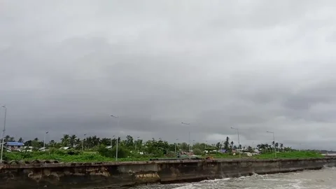Typhoon in Asia, storm winds, waves at sea. Leyte Island, embankment Stock Footage 327021064
