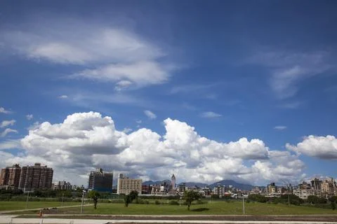 Typhoon, cloud layer, city, architecture, color cloud Stock Photos