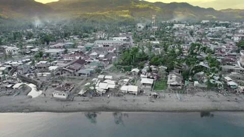 Typhoon devastated shoreline Drone footage Southeast Asian countries Stock Footage 238541366
