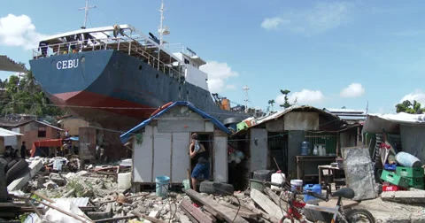 Typhoon Haiyan Huge Ship Washed Ashore By Storm Surge Stock Footage 36575602