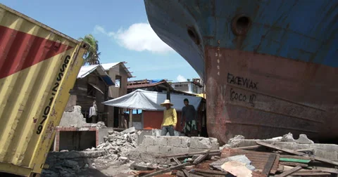 Typhoon Haiyan Huge Ship Washed Ashore By Storm Surge Stock Footage 36576633