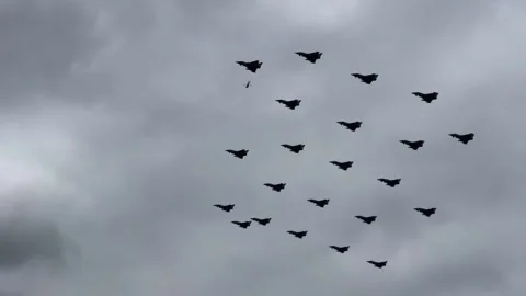 Typhoons forming the number 100 on RAF Centenary flypast over London. Stock Footage