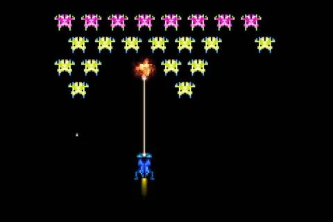 Typical 80s pixel space arcade game Illustration of a typical 80s pixel sp... Stock Photos